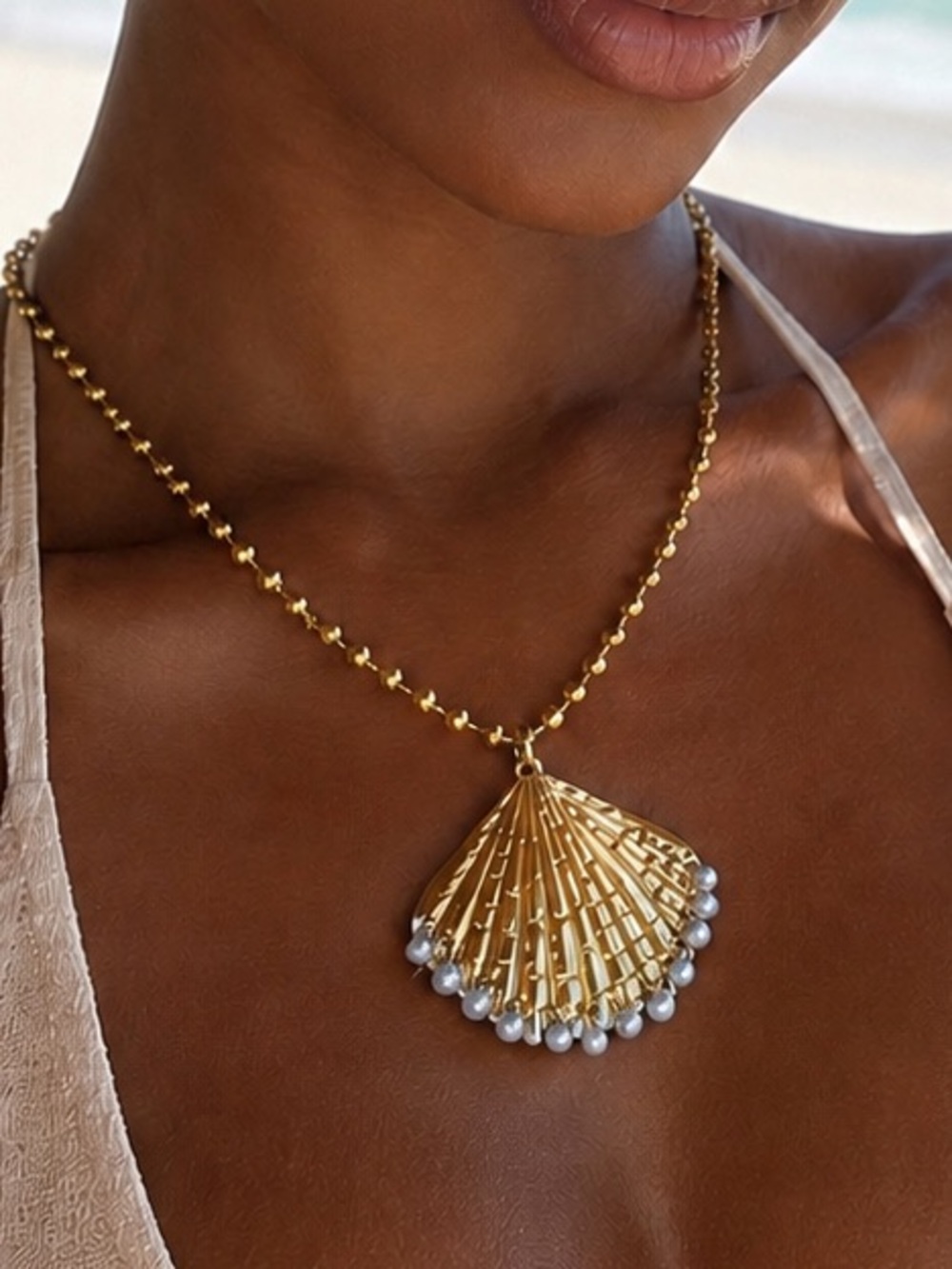 Shell Pendant Necklace with Pearl Tassel Summer Beach Jewelry